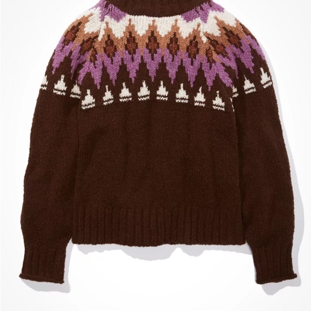 American Eagle Fair Isle Mock Neck Sweater XS NWT brown purple Winter Ski Cozy - Picture 3 of 8